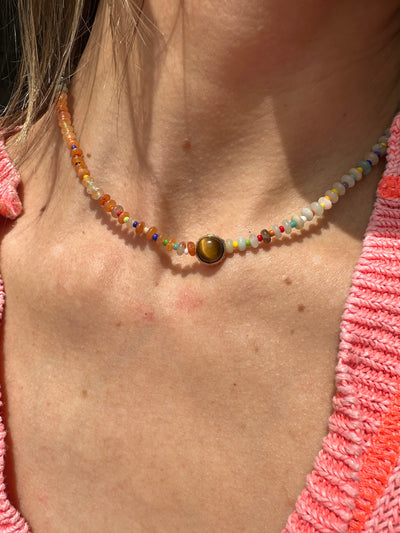 Gold Collared Tigers Eye and Multicolored Stone Beaded Necklace