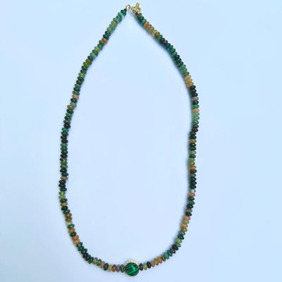 luis morais indian agate beaded necklace 14k gold color cabochon chrysoprase and malachite skull toggle clasp 16" 