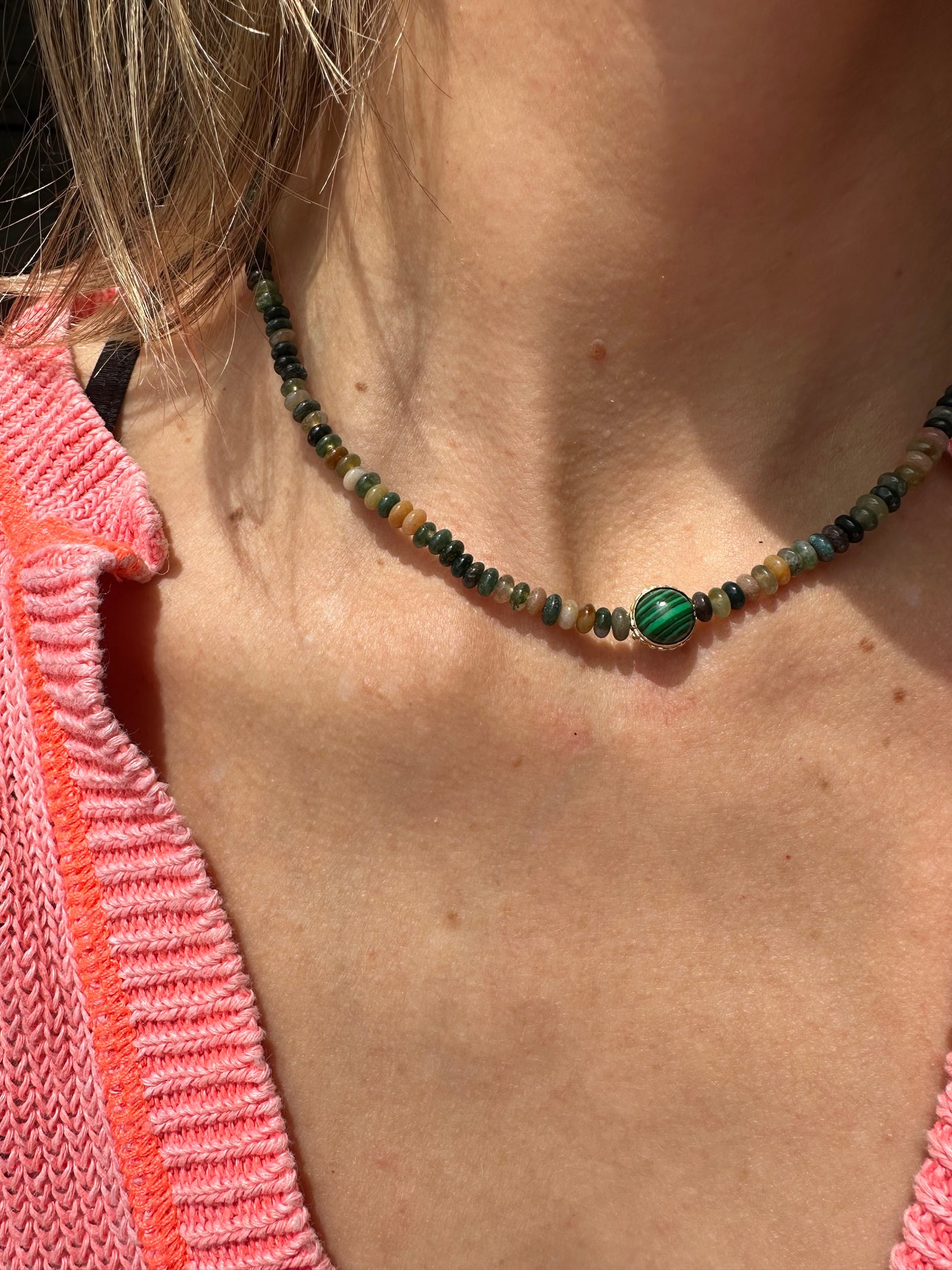 Gold Symbol with Chrysoprase and Indian Agate Beaded Necklace