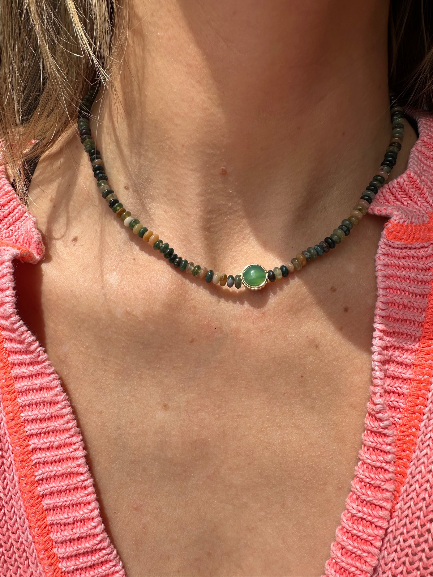 Gold Symbol with Chrysoprase and Indian Agate Beaded Necklace