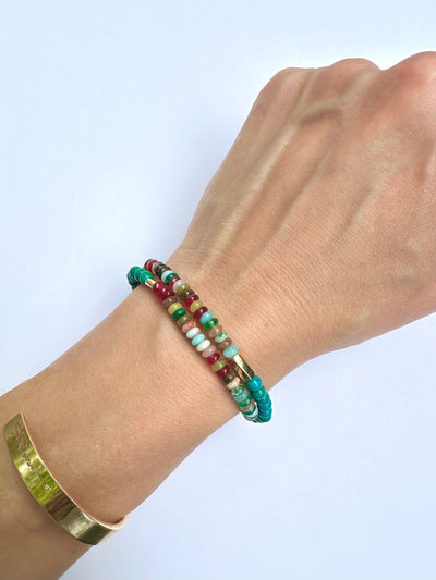 luis morais multicolored gemstone beaded double wrap bracelets 14k gold twisted hexagon tube beads