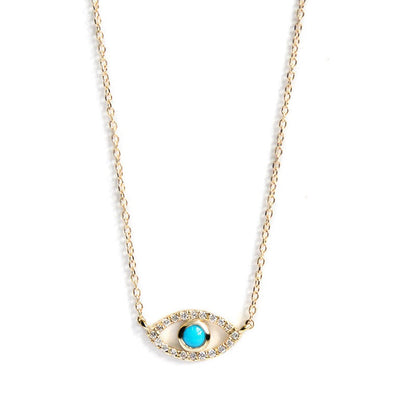 thin yellow gold chain Evil Eye pavé set stones gemstone 14k mini turquoise pendant Anzie