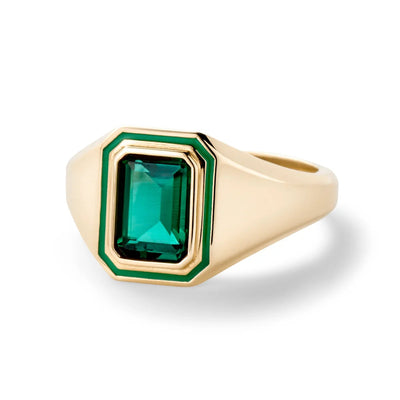 Alison Lou rectangle lab grown emerald 14k gold signet ring with green enamel