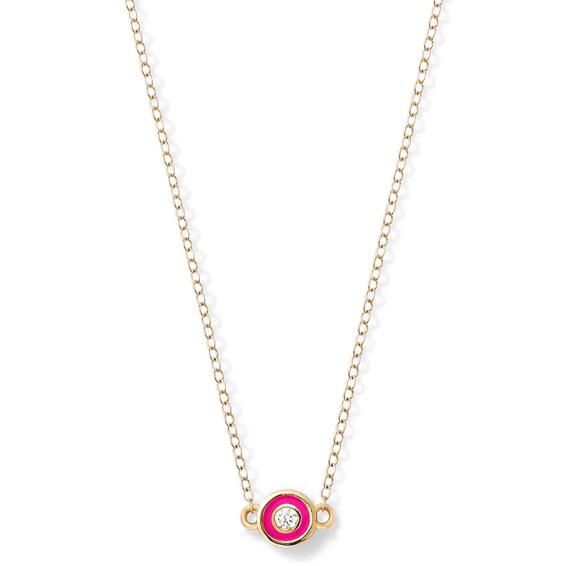 Alison Lou neon pink diamond enamel bezel necklace 14k yellow gold charm
