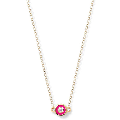Alison Lou neon pink diamond enamel bezel necklace 14k yellow gold charm