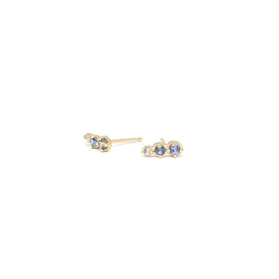 Anne Sportun 18k yellow gold ear climber stud earrings with 3 blue cut sapphires of varying sizes