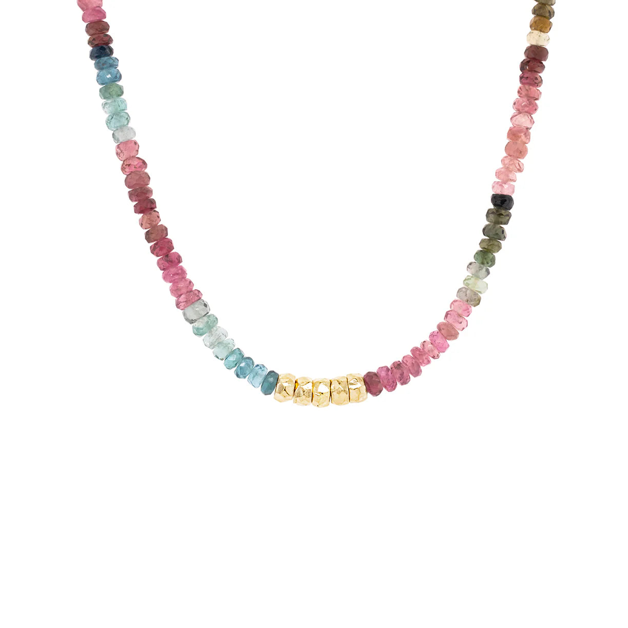 Anne Sportun 18k yellow gold hammered beads on a faceted watermelon toumaline necklace.
