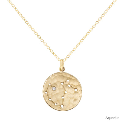 Anne Sportun 18k yellow gold disc charm necklace with astrological symbol, zodiac Aquarius, a diamond 'star', on a cable chain 