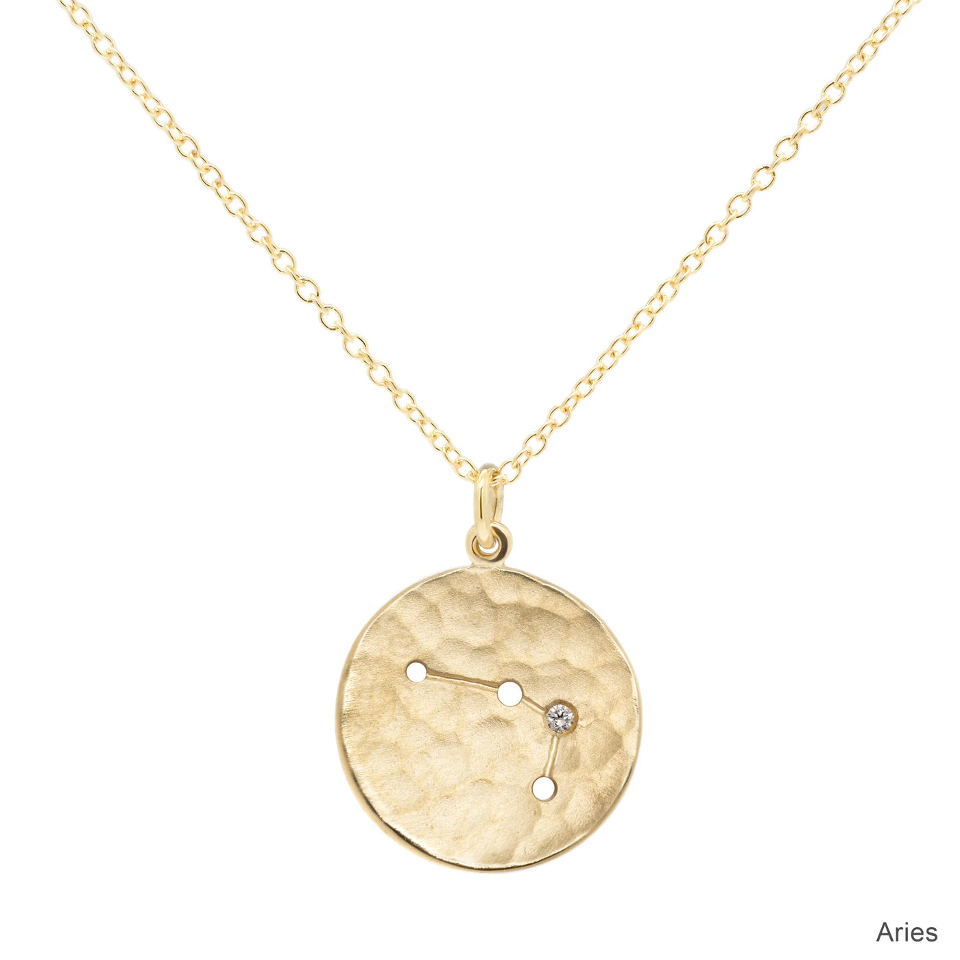Anne Sportun 18k yellow gold disc charm necklace with astrological symbol, zodiac Aries, a diamond 'star', on a cable chain. 