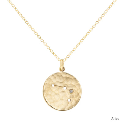 Anne Sportun 18k yellow gold disc charm necklace with astrological symbol, zodiac Aries, a diamond 'star', on a cable chain. 