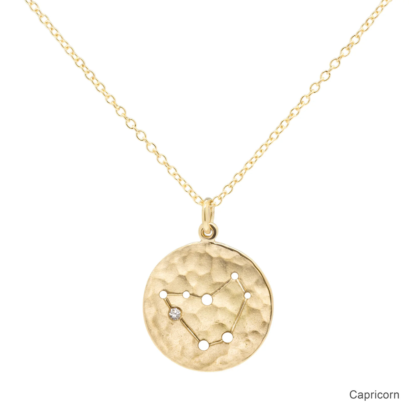 Anne Sportun 18k yellow gold disc charm necklace with astrological symbol, zodiac Capricorn, a diamond 'star', on a cable chain.