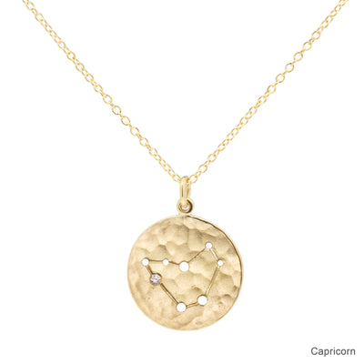 Anne Sportun 18k yellow gold disc charm necklace with astrological symbol, zodiac Capricorn, a diamond 'star', on a cable chain.