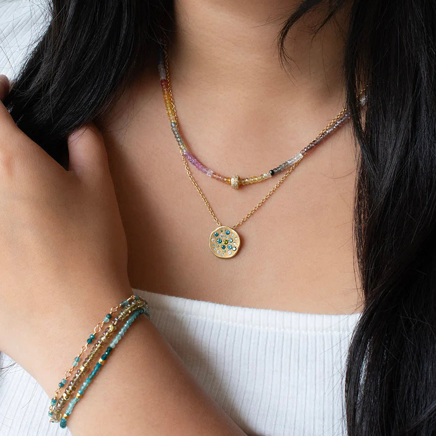 Anne Sportun faceted beaded singe wrap bracelets with 18k yellow gold beaded necklaces