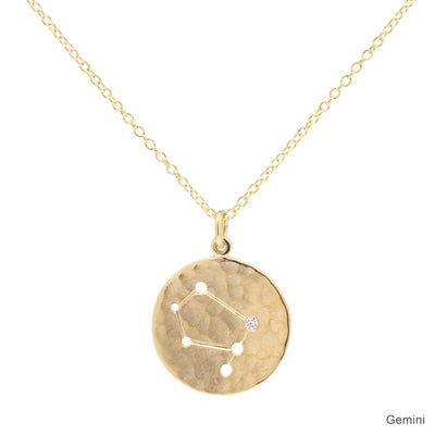Anne Sportun 18k yellow gold disc charm necklace with astrological symbol, zodiac Gemini, a diamond 'star', on a cable chain.