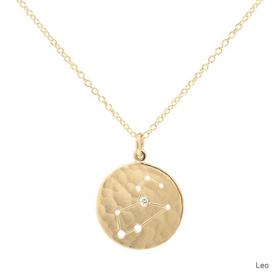 Anne Sportun 18k yellow gold disc charm necklace with astrological symbol, zodiac Leo, a diamond 'star', on a cable chain.