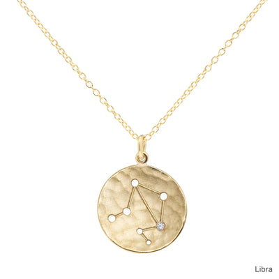 Anne Sportun 18k yellow gold disc charm necklace with astrological symbol, zodiac Libra, a diamond 'star', on a cable chain.