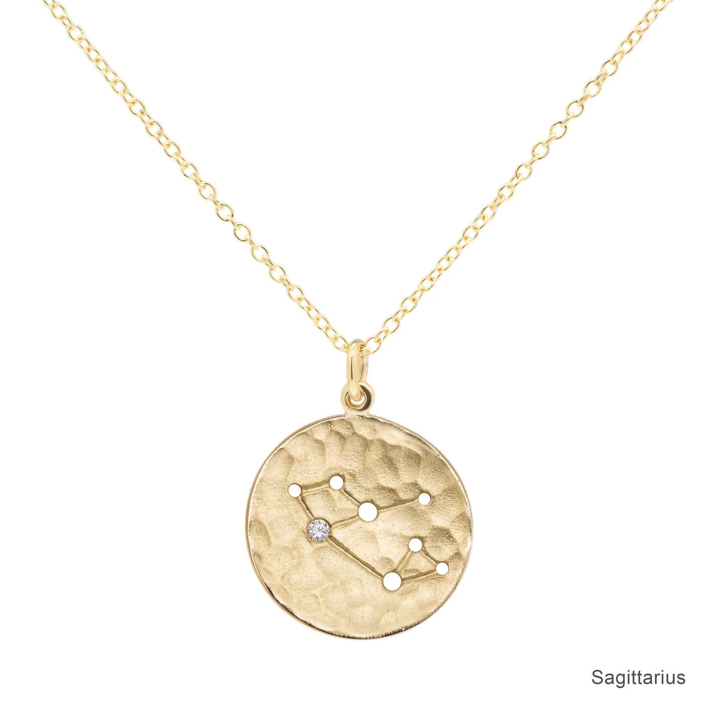 Anne Sportun 18k yellow gold disc charm necklace with astrological symbol, zodiac Sagittarius, a diamond 'star', on a cable chain.