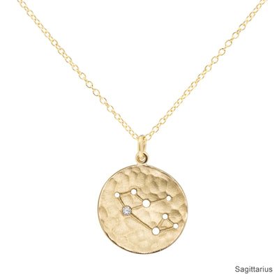Anne Sportun 18k yellow gold disc charm necklace with astrological symbol, zodiac Sagittarius, a diamond 'star', on a cable chain.