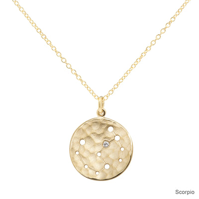 Anne Sportun 18k yellow gold disc charm necklace with astrological symbol, zodiac Scorpio, a diamond 'star', on a cable chain.