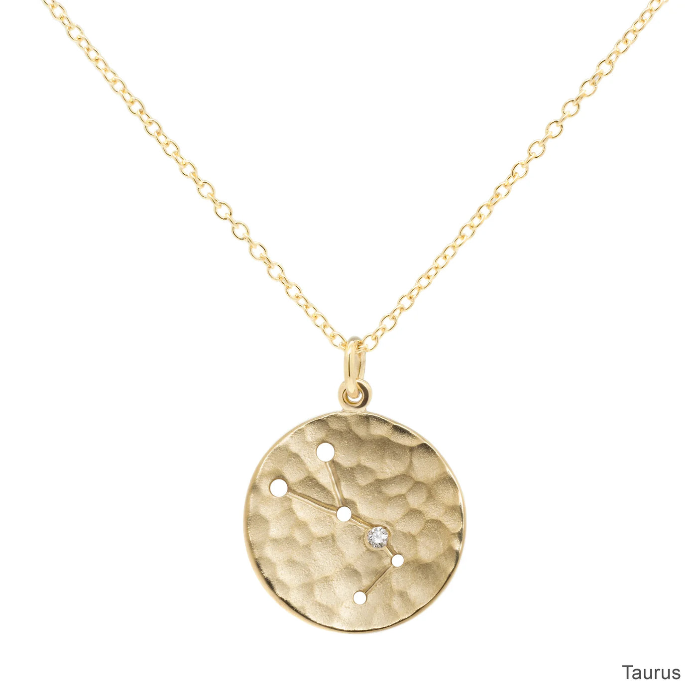 Anne Sportun 18k yellow gold disc charm necklace with astrological symbol, zodiac Taurus, a diamond 'star', on a cable chain.