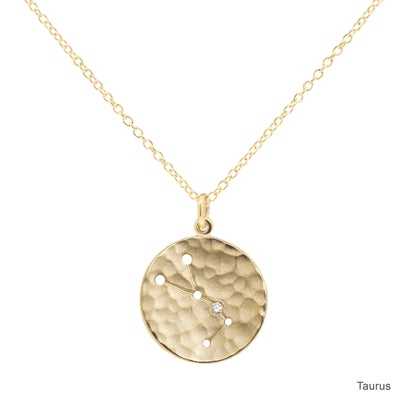 Anne Sportun 18k yellow gold disc charm necklace with astrological symbol, zodiac Taurus, a diamond 'star', on a cable chain.