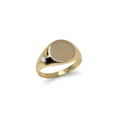 Anzie 14k yellow gold signet pinky ring,  engravable with a vintage diamond star design on the side 