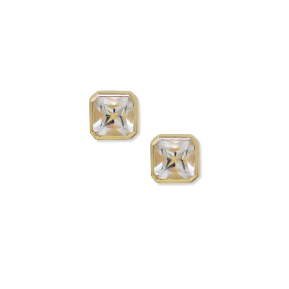 Anzie 14k yellow gold sqaure bezel set with white topaz stud earrings