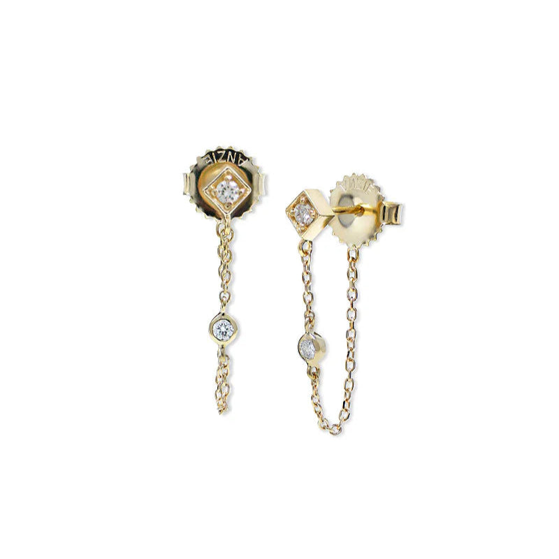 Anzie 14k yellow gold and white diamond rhombus chain dangling earrings
