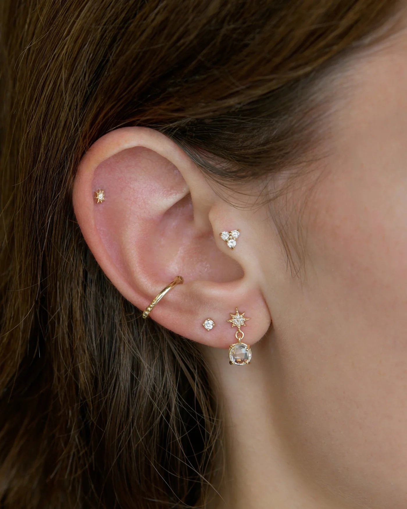Anzie 14k yellow gold and white diamond triangle trio cluster stud earring, Mel Soldera dew drop ear cuff