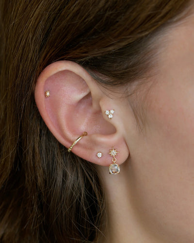 Anzie 14k yellow gold and white diamond triangle trio cluster stud earring, Mel Soldera dew drop ear cuff