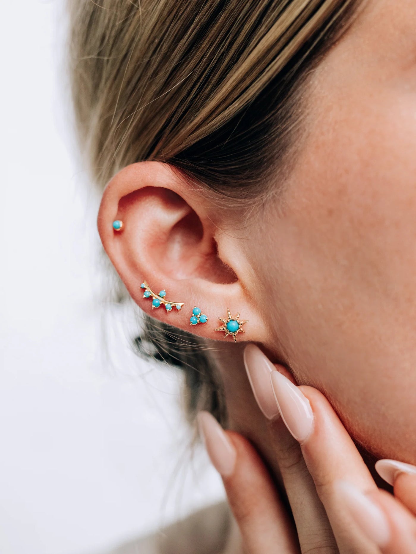Anzie 14k yellow gold and turquoise triangle trio cluster stud earring, curated styled ear