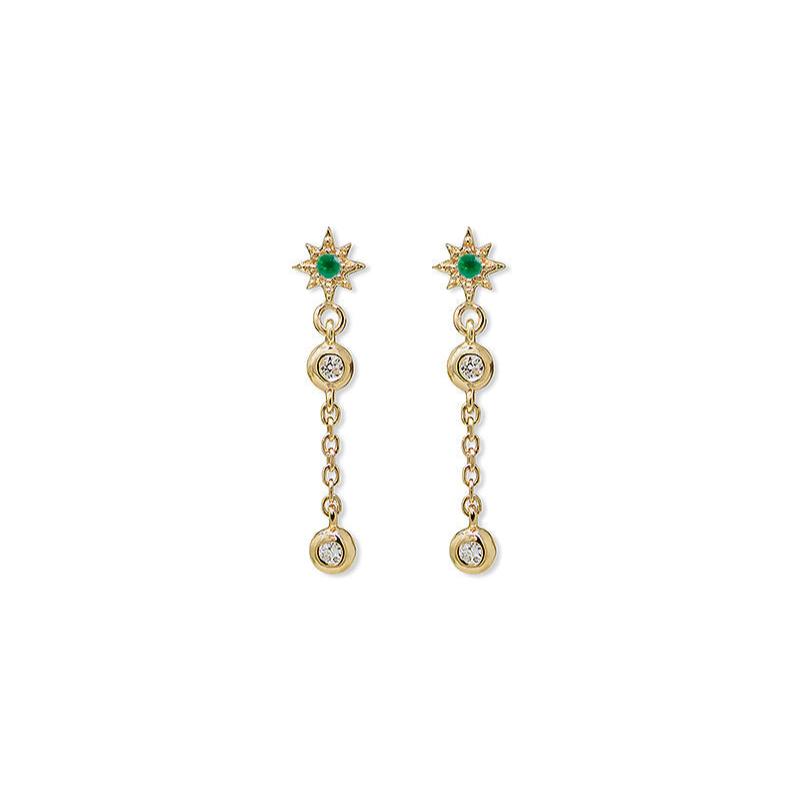 Anzie 14k yellow gold chain dangle studs with emerald centered starburst 