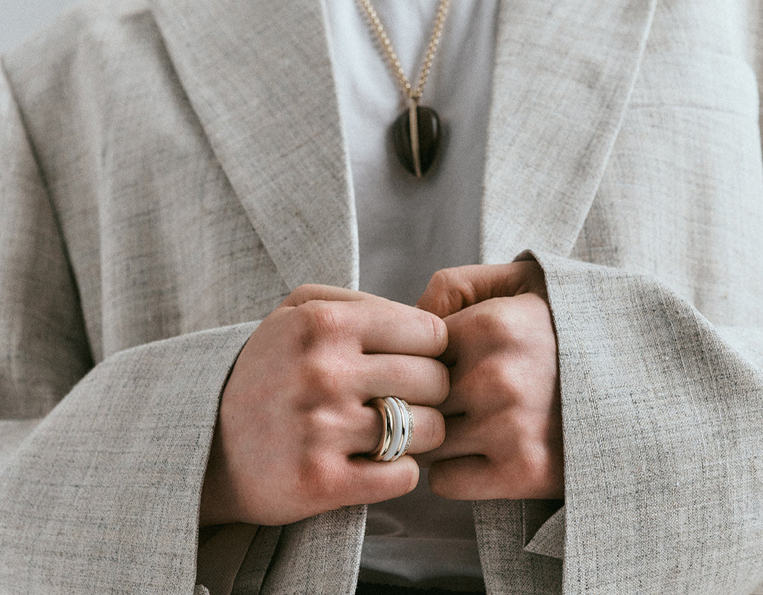 By Pariah White Agate ring with a gold 14k yellow gold band 