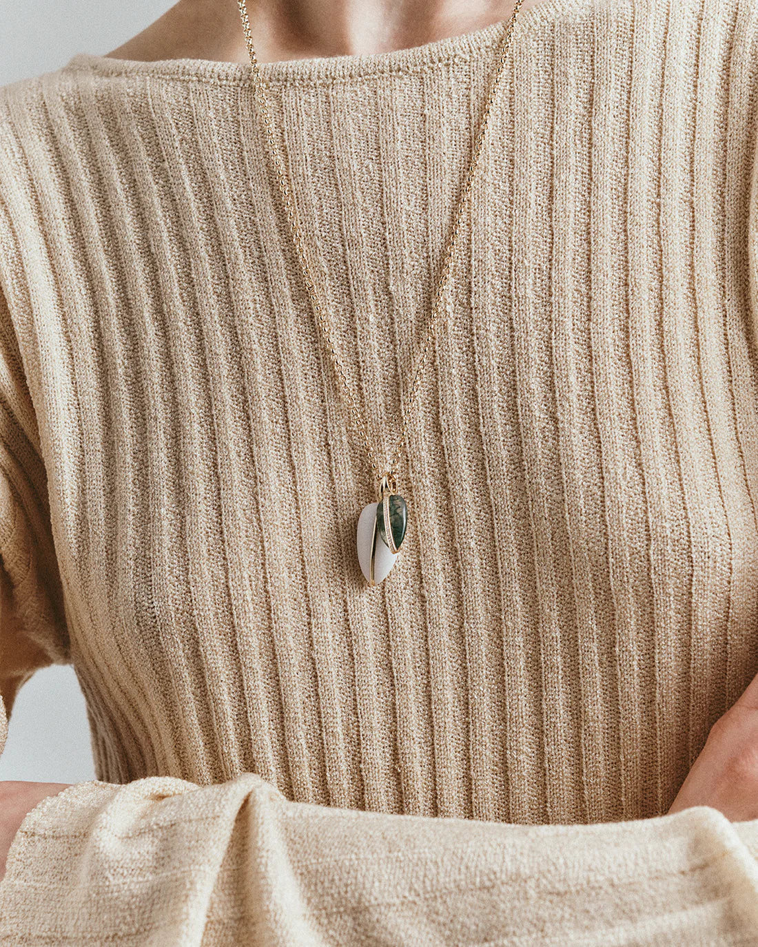 By Pariah 14k Yellow Gold wrapped moss agate and white agate with white diamonds