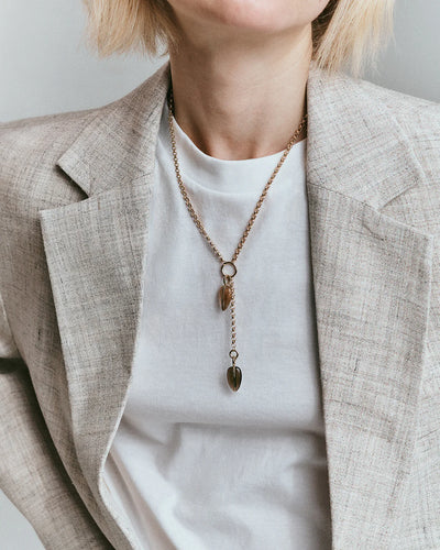 By Pariah Small Smokey Grey Quartz & Rutilated Quartz pendant wrapped in 14k yellow gold