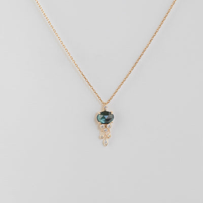 Celine Daoust 14k yellow gold diamond jellyfish necklace with blue tourmaline. One of a kind with different healing properties.