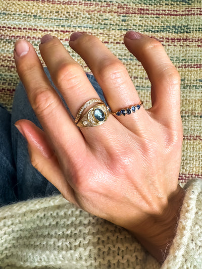 Celine Daoust 14k yellow gold rose cut stackable band ring with blue sapphires 
