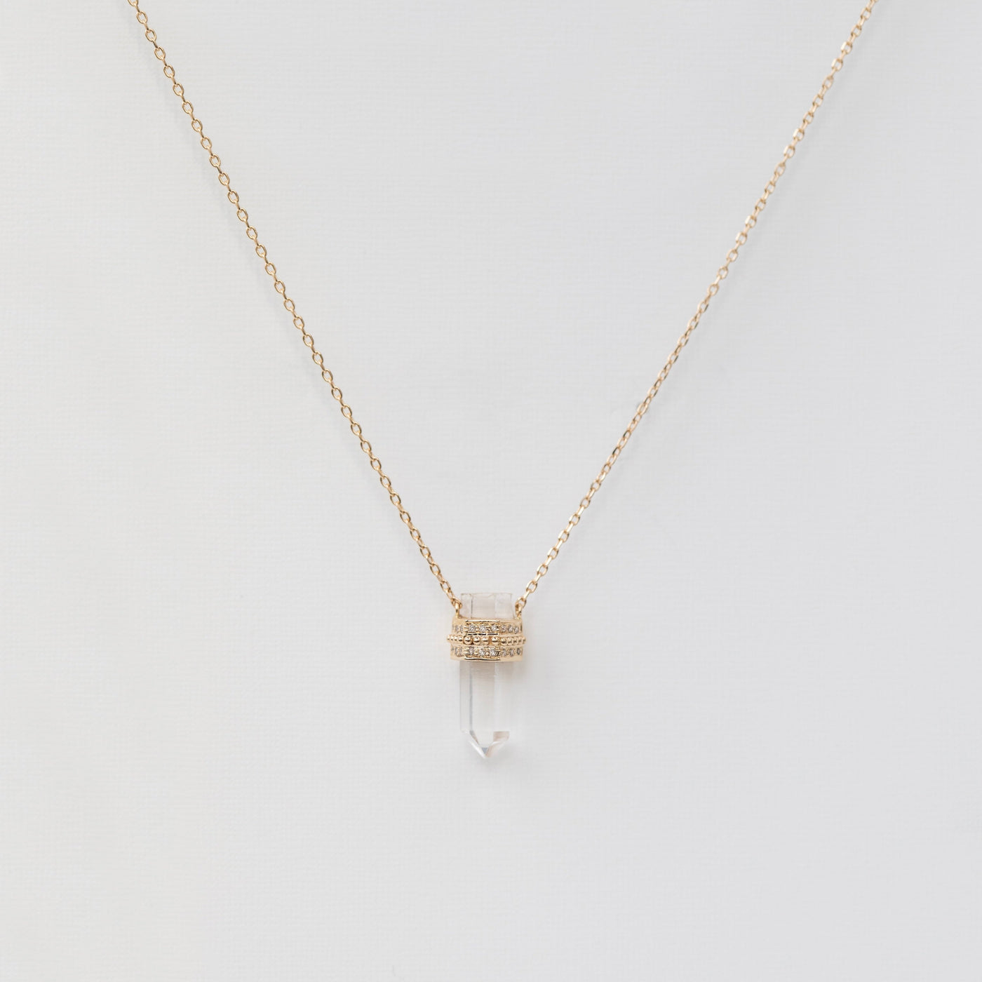 Celine Daoust one of a kind 14k yellow gold clear quartz pencil necklace with white diamond 