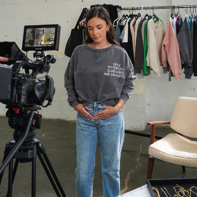 Diamonds + Sweatshirts dark grey cotton sweatshirt with embroidered slogan "only accepting good vibes and diamonds"