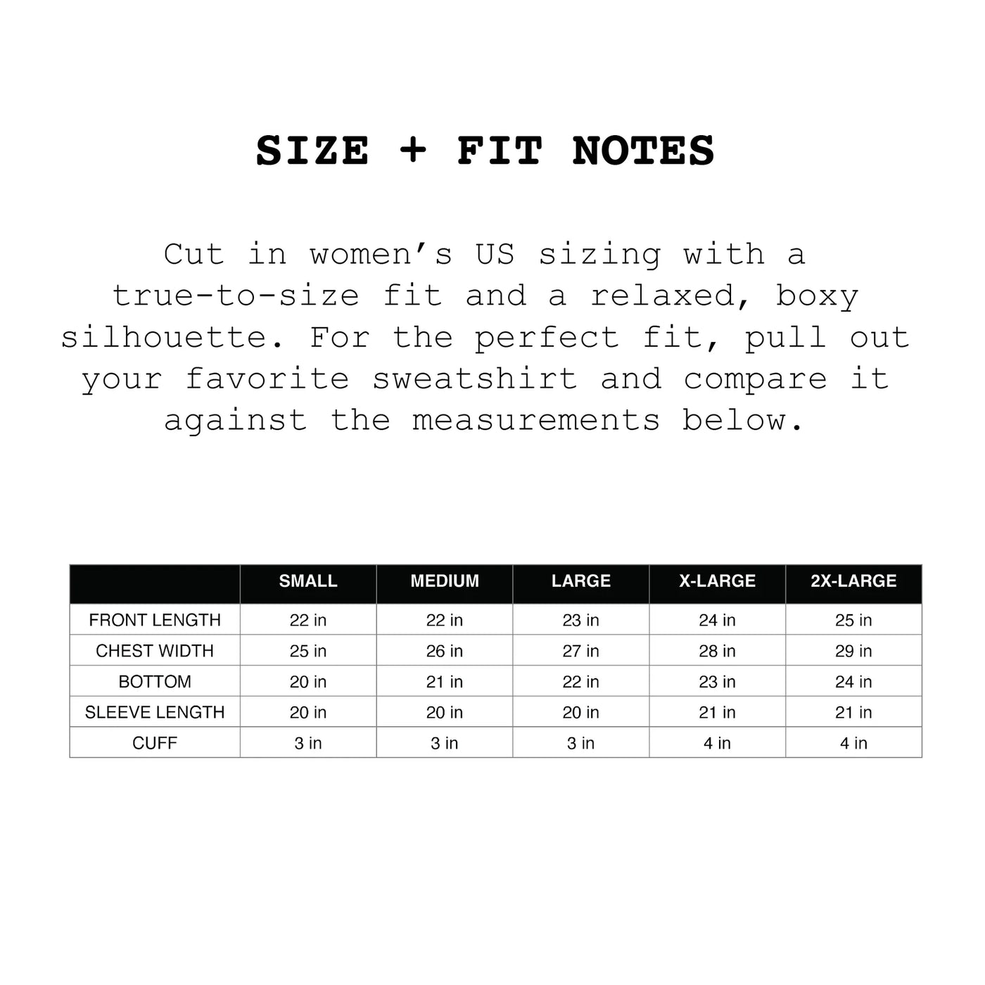 Diamonds + Sweatshirts Size Guide for women