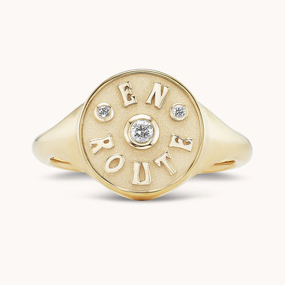 marlo laz 14k yellow gold diamond signet pinky ring, en route on the journey travel self discovery