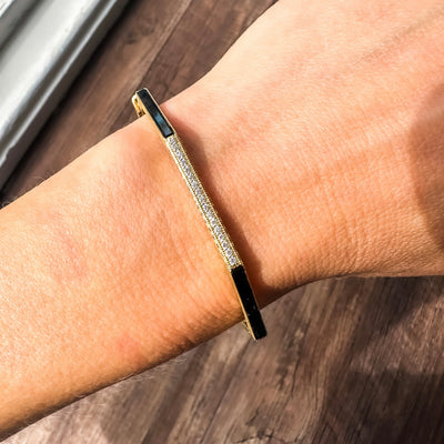 Estate Jude Frances 18k yellow gold black enamel white diamond octagon bangle, with clasp and matte etched detail