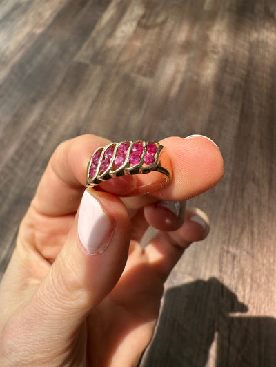 Estate 14k yellow gold and red ruby birthstone band pinky ring