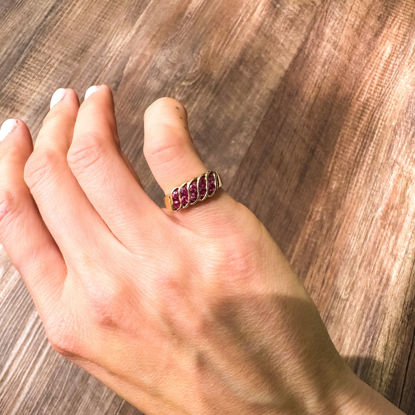 Estate 14k yellow gold and red ruby birthstone band pinky ring