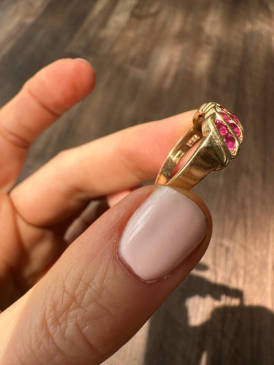 Estate 14k yellow gold and red ruby birthstone band pinky ring