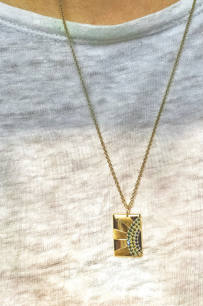 Julez Bryant 14k gold CALS rectangular pendant with full cut round green diamonds and blue sapphires. 