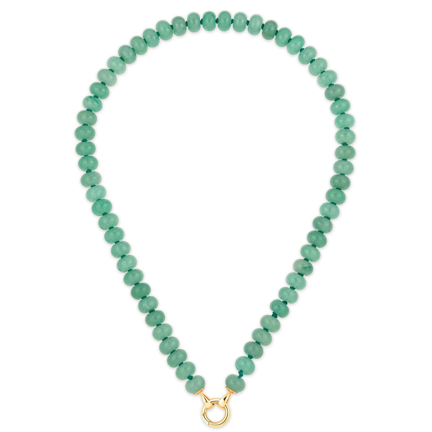 Kate Collins 14k yellow gold silk cord necklace with green aventurine beads & charm clasp