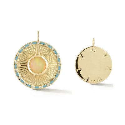 Kate Colins 14k yellow gold round disc charm. Ribbed texture with opal blue and diamonds enamel, 'Clarity' debbossed on the back.
