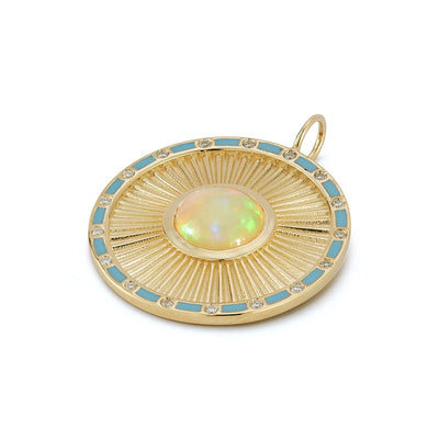 Kate Colins 14k yellow gold round disc charm. Ribbed texture with opal blue and diamonds enamel, 'Clarity' debbossed on the back.