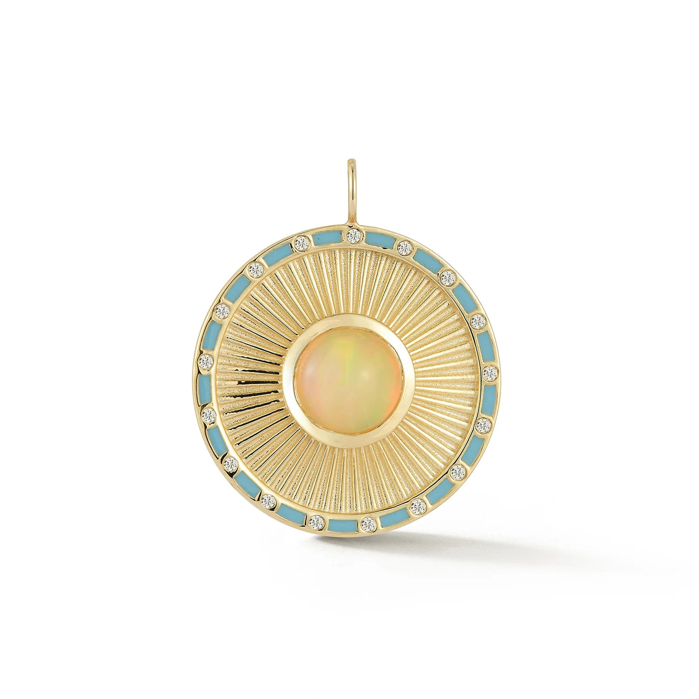 Kate Colins 14k yellow gold round disc charm. Ribbed texture with opal blue and diamonds enamel, 'Clarity' debbossed on the back.
